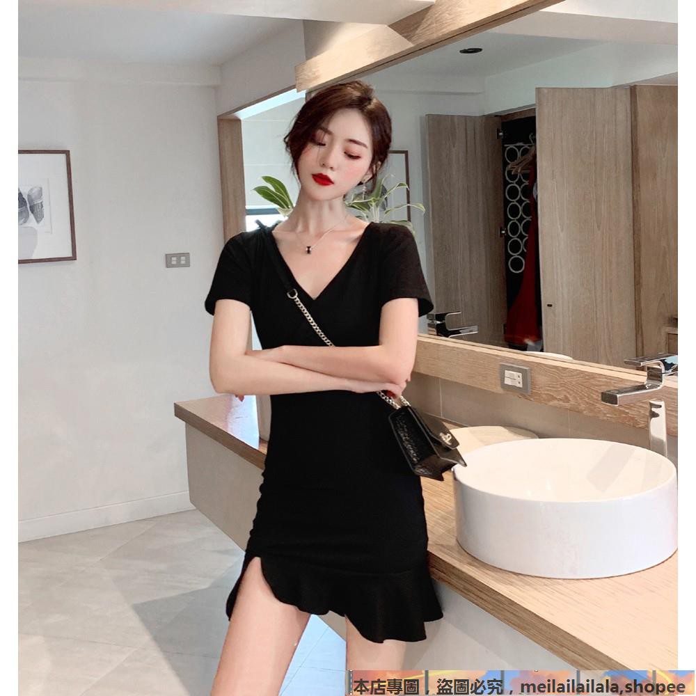 ราคา ชุดเดรสสั้นสําหรับสตรีเซ็กซี่แขนสั้นคอวีทรงสลิม