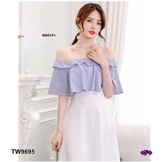 GN9695 Dress เดรสปาดไหล่ระบายลายริ้ว