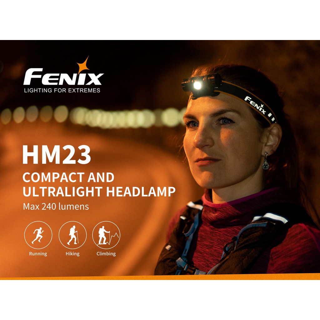ไฟฉายคาดหัว Fenix HM23 COMPACT AND ULTRALIGHT HEADLAMP ความสว่าง 240lm ใช้ AA (alkaline/ Ni-MH) : สินค้ารับประกัน 3 ปี