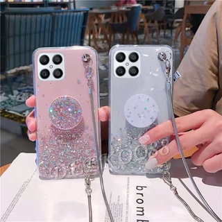 เคสโทรศัพท์มือถือ Huawei Nova 9 SE 8i P50 Pro 4G 5G Honor X7 X8 X9 Magic4 Pro 50 Lite 2022 Handphone Casing with Chain Neck Strap Rope + Stand Holder Phone Cell Case Glitter Star Soft Back Cover เคส Nova9 9SE Nova9SE