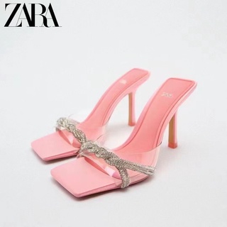 Zara ใหม่ รองเท้าส้นสูง สายรัดแบน ฝังดอกกุหลาบ สีแดงใส แวววาว ฤดูร้อน สําหรับผู้หญิง 2022