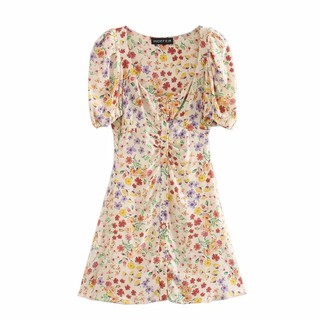 ชุดเดรสสั้น คอวี ชุดเดรสพิมพ์ลายดอกไม้ summer flora print dress (พร้อมส่ง)