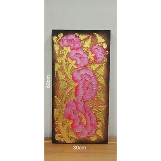 ภาพวาดดอกโบตั๋นชมพูพื้นสีน้ำตาลขนาด30×60cm
