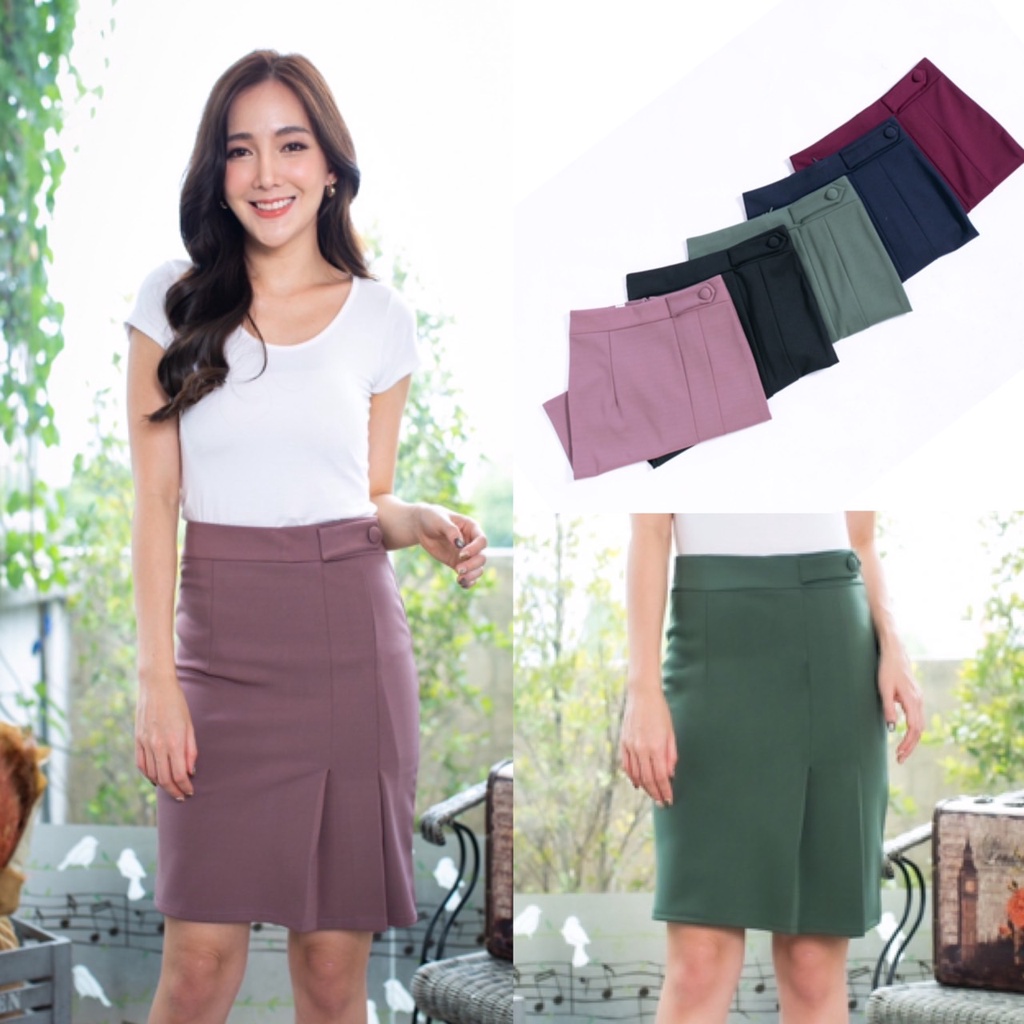 กระโปรงทำงานผ้าโรเชฟจีบข้างติดกระดุมน่ารัก ใส่สบาย
