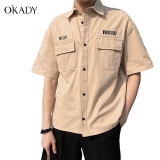 OKADY เสื้อเชิ้ตแขนสั้นผู้ชายไม่ต้องรีดสไตล์การทำงานหลวม ระบายอากาศ สไตล์เอนกประสงค์