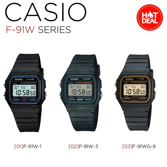 นาฬิกาข้อมือ Casio Standasrd Digital Unisex สายเรซิ่น สีดำ รุ่น F-91W-1  F-91WG-9