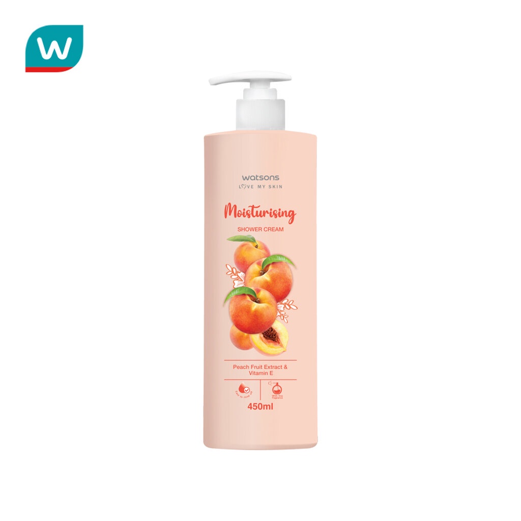 Watsons วัตสัน มอยเจอร์ไรซิ่ง ชาวเวอร์ ครีม พีช ฟรุ๊ต เอ็กซ์แทร็ค แอนด์ วิตามิน อี 450มล.