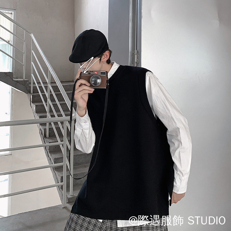 เสื้อกันหนาวเสื้อกั๊ก ฤดูใบไม้ร่วงฤดูหนาวสไตล์ถักเสื้อกั๊กสีกากีสบายๆทุกการแข่งขันหลวมสไตล์ฮ่องกงเสื้อกั๊กเสื้อกันหนาวชายหญิงคู่เสื้อกั๊กอินเทรนด์แยกถักเสื้อกั๊กกระโหลกสไตล์คอกลมถัก - รูปที่ 3