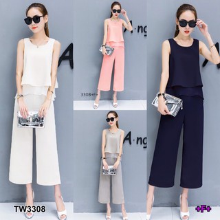 TW3308 Set 2 ชิ้น เสื้อครอป แขนกุด แต่งชายชีฟอง+กางเกงขายาว 6 ส่วน