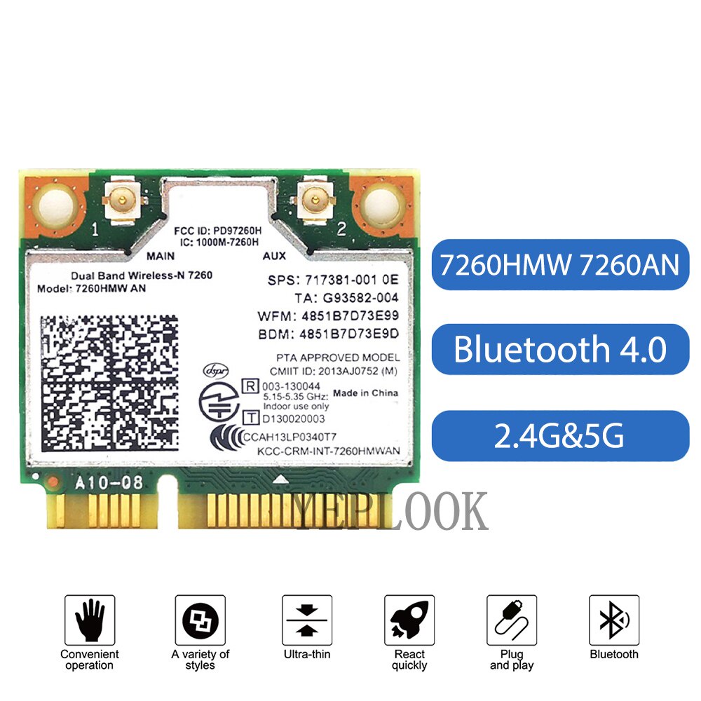 7260HMW 7260AN การ์ด WiFi 2.4G/5G BT4.0 Mini PCI-E 867M การ์ด Wifi