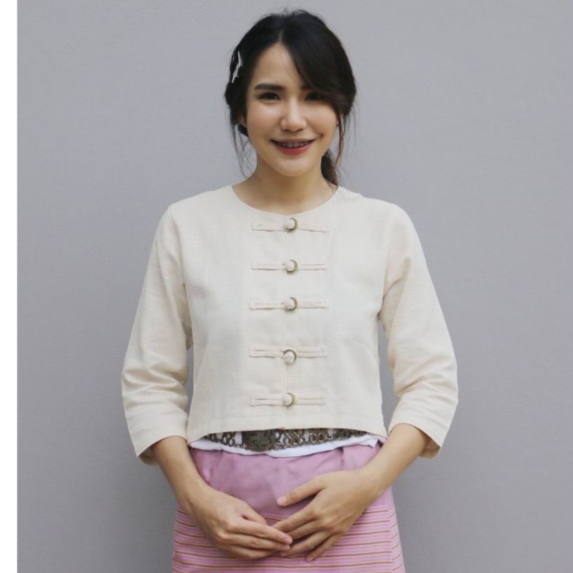 เสื้อกาสะลองกระดุมเหรียญ เสื้อซ้องปีบเชือกผูก เสื้อผ้าฝ้ายพื้นเมืองผู้หญิง - รูปที่ 3