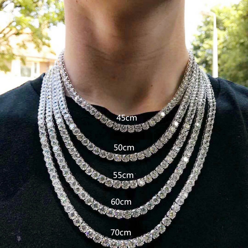 สร้อยคอเทนนิสผู้ชายคริสตัลเต็ม เงินชุบสไตล์ฮิปฮอป ยาวปรับได้ 45-70cm สร้อยคอแฟชั่นหรูดูแพง