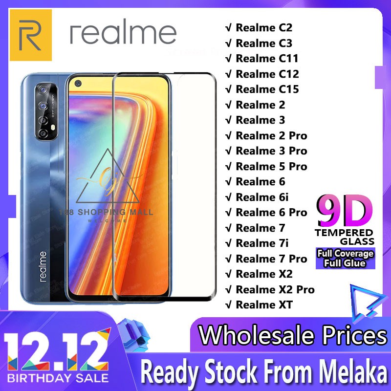 REALME กระจกนิรภัยป้องกันหน้าจอคลุมทั้งหมด 9D C2/C3/C11/C12/C15/2/3/2PRO/3PRO/5PRO/6/6i/6PRO/X2/X2PR