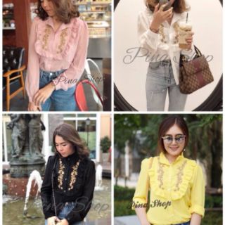 เสื้อเชิ้ตคอปีนระบายปักดิ้นทองกระดุมหน้าstyle Zara