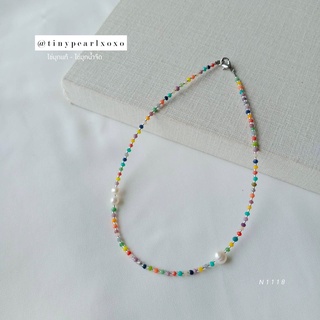 สร้อยคอแฟชั่น ลูกปัดแก้วคริสตัล x ไข่มุกแท้ ไข่มุกน้ำจืด Boho Colorful Crystal Bead Pearl Tinypearlxoxo N1118