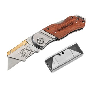 มีดช่าง มีดพับ (folding knife) Workpro ด้ามไม้ แถมใบมีด 10 ใบ