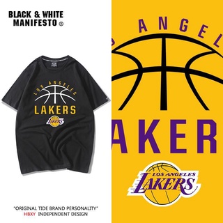 เสื้อยืดแขนสั้นลําลอง ผ้าฝ้าย ทรงหลวม ลาย Lakers Kobe James เหมาะกับการเล่นกีฬาบาสเก็ตบอล สําหรับผู้ชาย และผู้หญิง