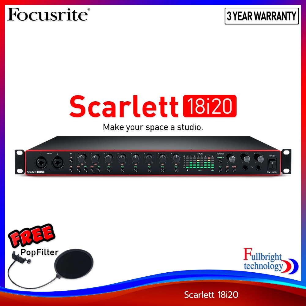 Focusrite Scarlett 18i20 (Gen3) USB Audio Interface ออดิโออินเตอร์เฟส แถมฟรี! Pop Filter