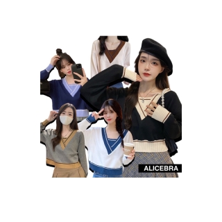 𝗔𝗟𝗜𝗖𝗘𝗕𝗥𝗔เสื้อแขนยาว ผ้าไหมพรม สไตล์เกาหลี คอวีบังทรงหน้า แบบสวม