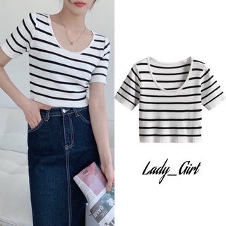 Lady_Girl⚡️633-1/BO.AN#เสื้อแฟชั่นแขนสั้นคอกลม#เสื้อครอปเอวลอยลายทางเนื้อผ้าไหมพรม