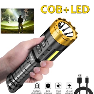 ไฟฉาย LED สว่างมาก พร้อมไฟด้านข้าง COB ชาร์จ USB 4 โหมด แบบพกพา สําหรับตั้งแคมป์ เดินป่า