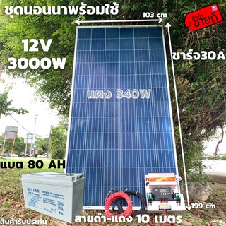 ชุดนอนนาพร้อมใช้ ชุดพลังงานแสงอาทิตย์ 12V/3000W ชาร์จเจอร์ 30A PWM 12V to 220V พร้อมแบต NPP 80 แอมป์ 1 ลูก แผงโซล่าเซลล์