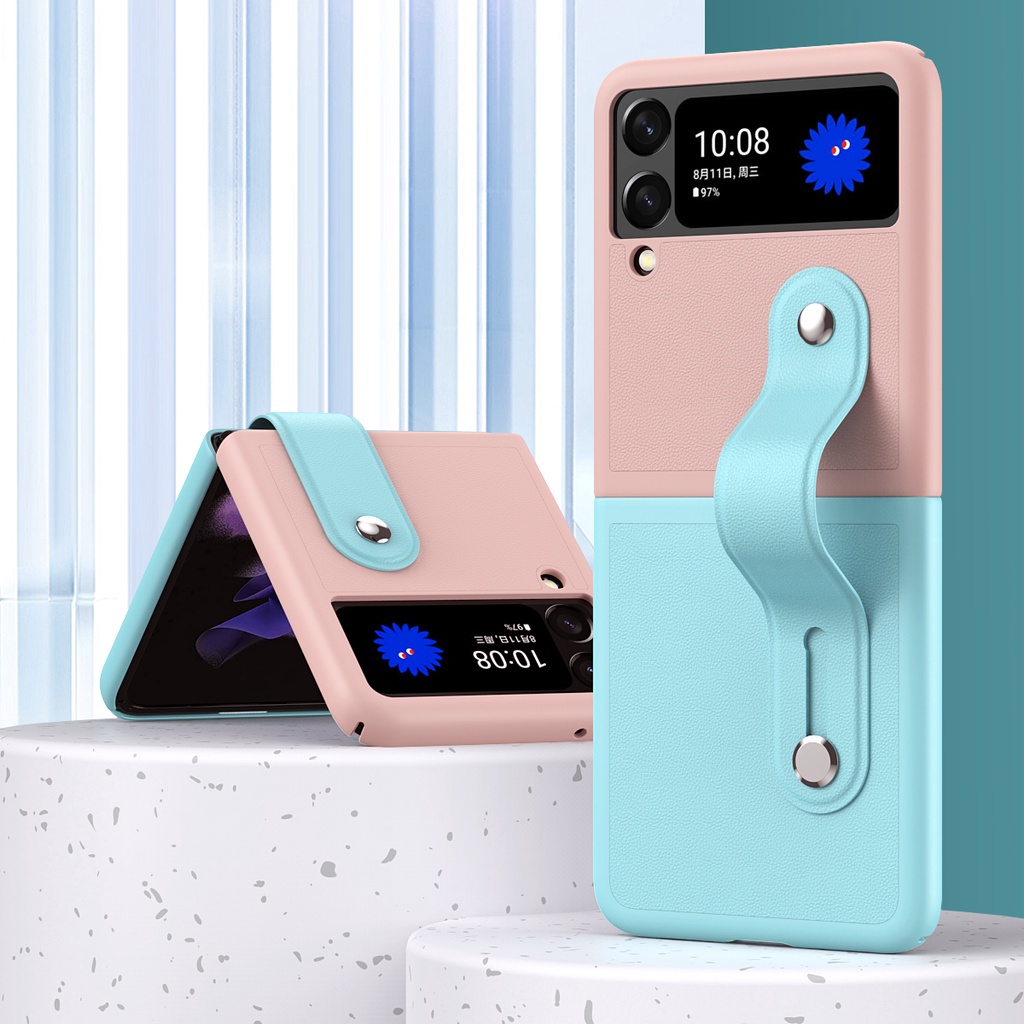 รูปแบบใหม่ล่าสุดสายรัดข้อมือเคสโทรศัพท์สําหรับ Samsung Galaxy Z Flip 6 5 4 กรณีสีตัดกันฝาครอบหนัง Z Flip6 Flip5 Flip4 5G เคสโทรศัพท์