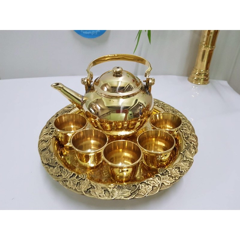 Brass byfa *SET1258 ชุดน้ำชา ขนาดกลาง  กาน้ำขนาด 5นิ้ว  ถ้วยชาทรวกระบอก เบอร์2 (4.5*4ซม.) จานองุ่น ขนาด9”