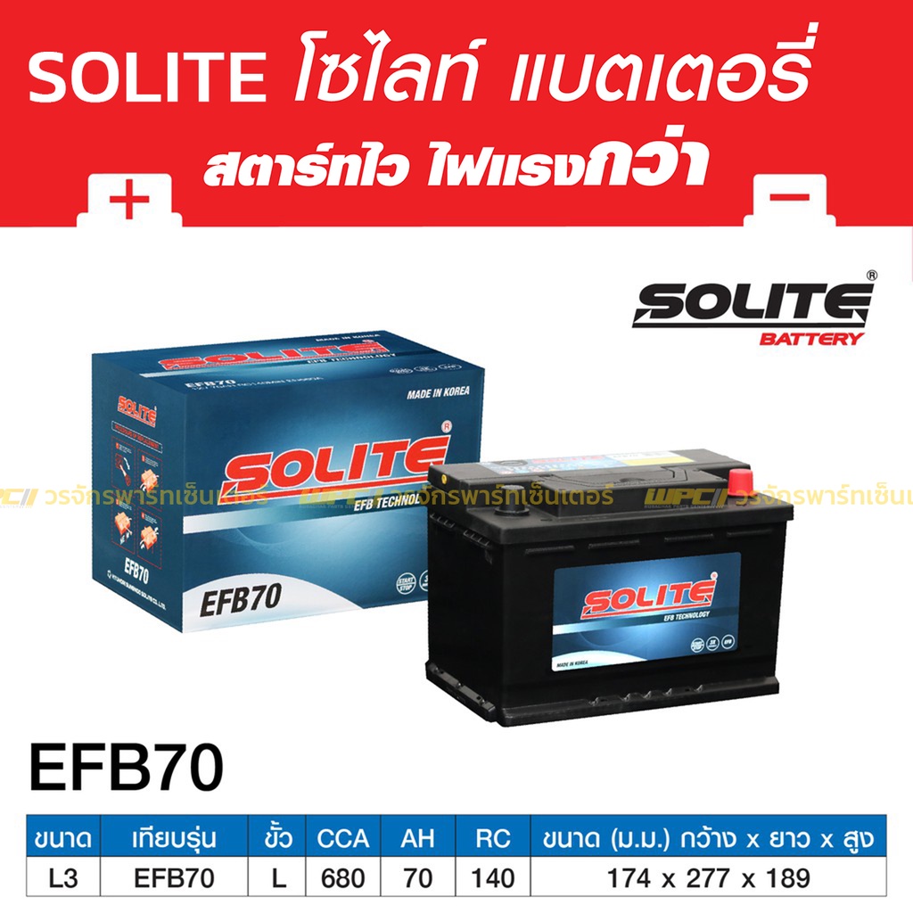 SOLITE แบตเตอรี่แห้ง EFB70 | 70แอมป์ 680 CCA / ไซส์ LN3 (CR-V, DMAX ปี20)