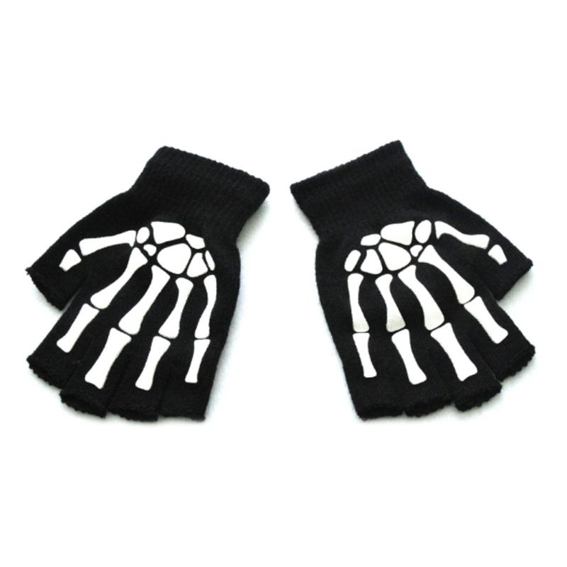 Bo ฮาโลวีน Luminous ถุงมือครึ่งนิ้วสยองขวัญ Skull Claw กระดูกโครงกระดูก Mittens - รูปที่ 2