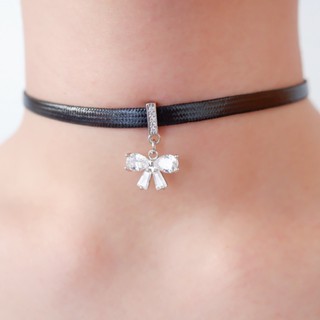 Bow Choker สร้อยโชคเกอร์สายหนังสีดำ จี้โบว์ Crystal Choker Black Faux Leather