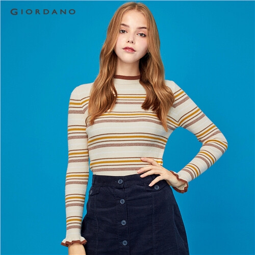 GIORDANO WOMEN Stripe lace cuffs mockneck sweater 98359682