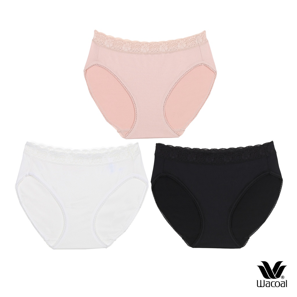 Wacoal Surprise Panty กางเกงในใส่สบายวาโก้ รูปแบบ Bikini ขอบลูกไม้ แพ็ค 3 ชิ้น รุ่น WU1C35/WU1T35 สีเบจ-ดำ-ครีม (CR)