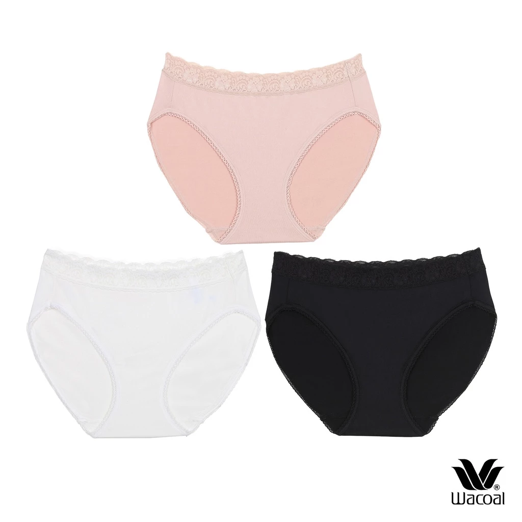 Wacoal Surprise Panty กางเกงในใส่สบายวาโก้ รูปแบบ Bikini ขอบลูกไม้ แพ็ค 3 ชิ้น รุ่น WU1C35/WU1T35 สีเบจ-ดำ-ครีม (CR)