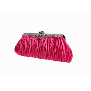 พร้อมส่ง Evening Clutch กระเป๋าออกงาน สีชมพู Hot Pink ผ้าซาตินอัดพลีต ลายฟันปลา พร้อมสายโซ่ สั้นและยาว