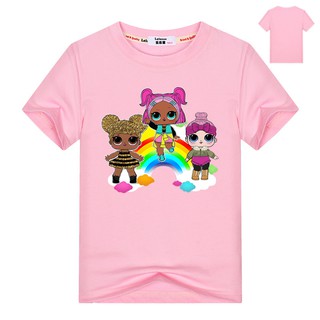 เสื้อยืดสีชมพูสำหรับเด็ก Summer LOL เซอร์ไพร์สตุ๊กตาตัวการ์ตูนน่ารัก