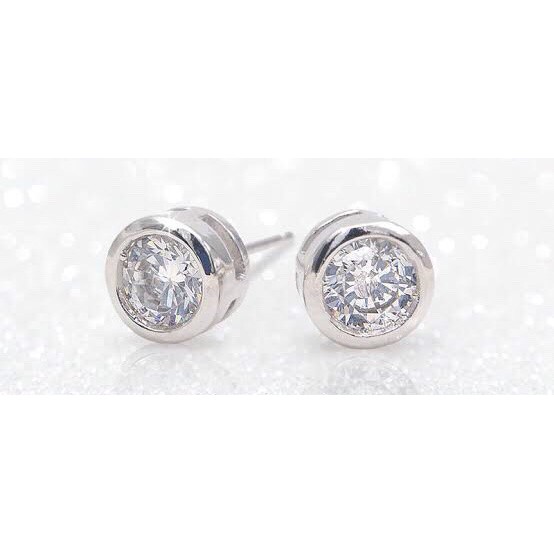 ต่างหูเพชรสวิสแท้Cubic Zirconia ทรงกลมขอบเรียบ หุ้มทองคำขาว ไม่ลอก ไม่ดำ ไม่แพ้
