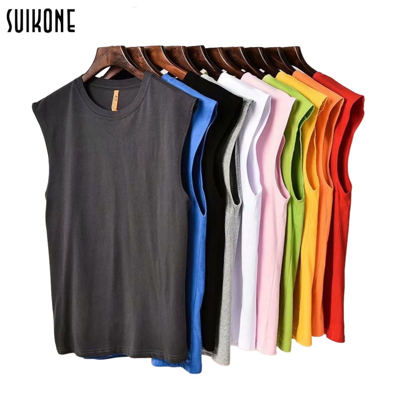 Suikone เสื้อยืดแขนกุดผู้ชายสีทึบทันสมัยและเป็นที่นิยม เสื้อกล้ามกีฬาสีสันสดใสหลวมและสะดวกสบาย ใส่ได้ทั้งชายและหญิง