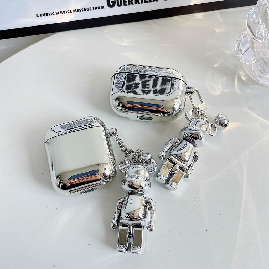 เคส Airpods 4 พร้อมพวงกุญแจ bearbrick Fashion Metallic เงินสําหรับ Airpods pro gen 2 1 2 pro 3 case