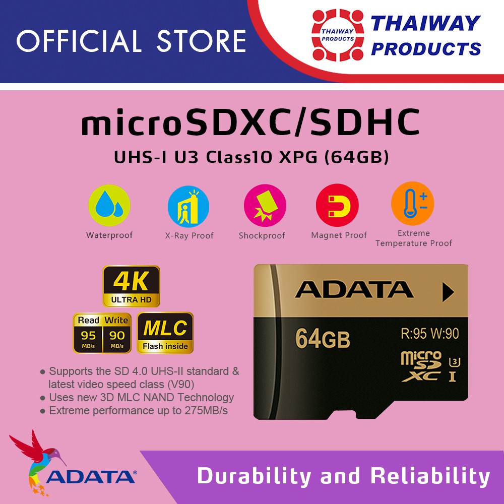 ADATA microSDXC/SDHC UHS-I U3 Class 10 (XPG) ความจุ 64GB