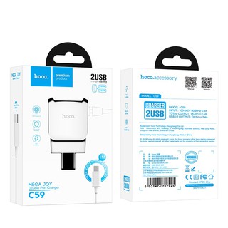 หัวชาร์จพร้อมสาย Hoco Wall charger “C59 Mega joy” dual USB port US with built-in Micro-USB wire