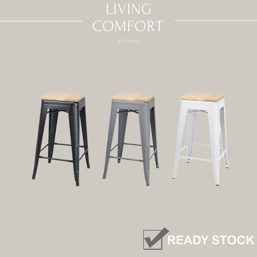 24" / 65 ซม. TOLIX METAL BAR STOOL / METAL STOOL / KITCHEN STOOLS พร้อมที่นั่งไม้ / BANGKU BESI