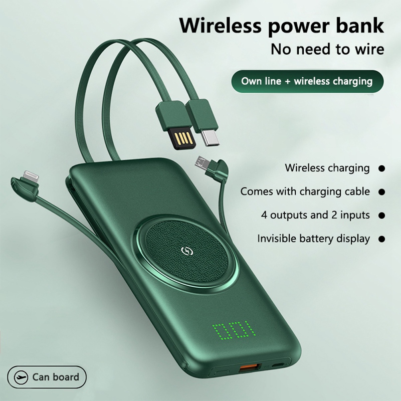 Hot sale 20000 mAh Qi wireless charger power bank builtin 4 wire