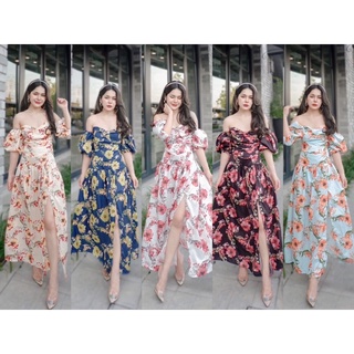 Maxi Dress ปาดไหล่แขนตุ๊กตา ผ้าวูลพีชลายดอกไม้ กระโปรงผ่าหน้า