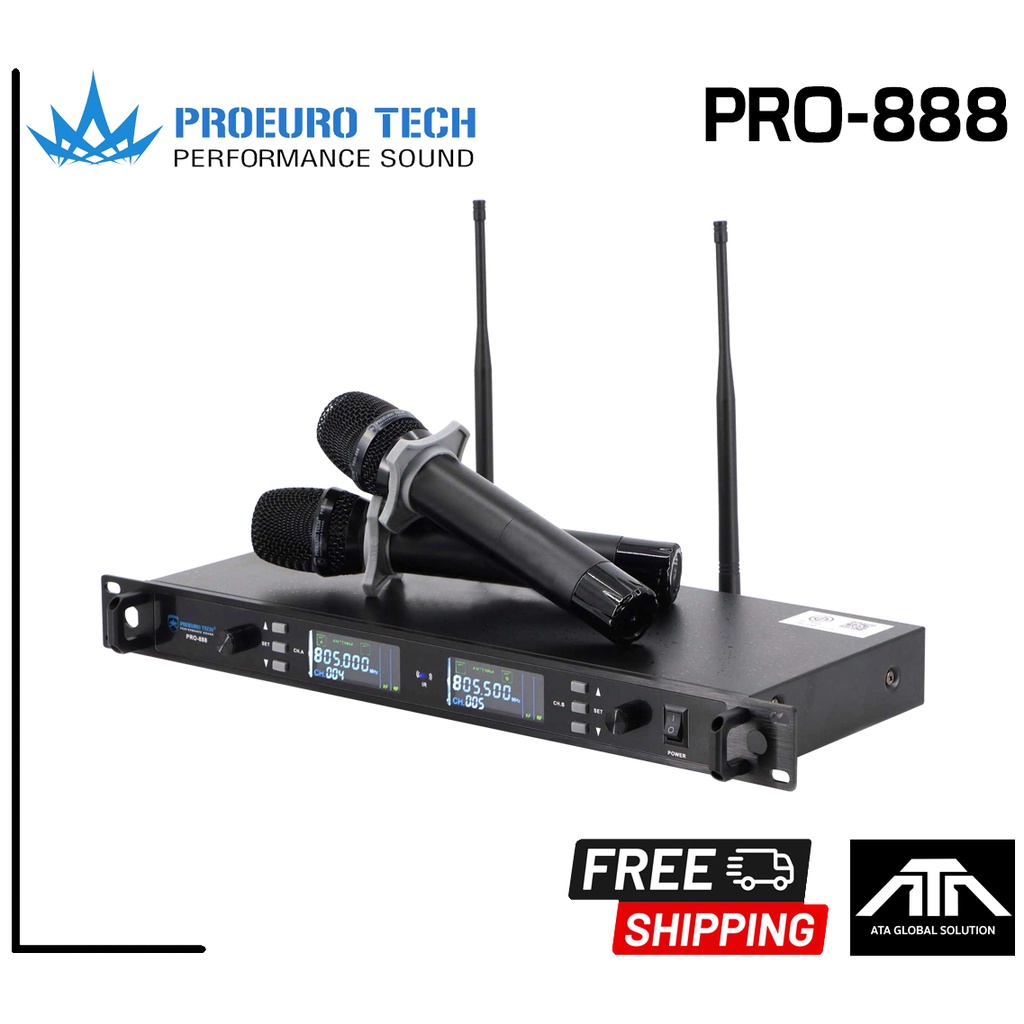 PROEUROTECH PRO-888 ไมค์ลอยคู่ ไมค์โครโฟนไร้สาย ปรับความถี่ได้ คลื่นความถี่ UHF โปรยูโรเทค PRO 888 P