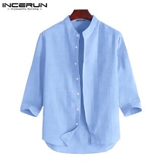 Incerun เสื้อเชิ้ตลําลอง แขนครึ่ง ผ้าฝ้าย 4 สี สําหรับผู้ชาย