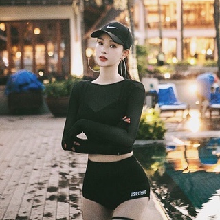 ✨Swimsuit_shop✨ ชุดว่ายน้ําบิกินี่ แขนยาว ผ้าตาข่ายซีทรู สีดํา เซ็กซี่ สไตล์เกาหลี ชุดว่ายน้ำผู้หญิง 🦋 #YM2174