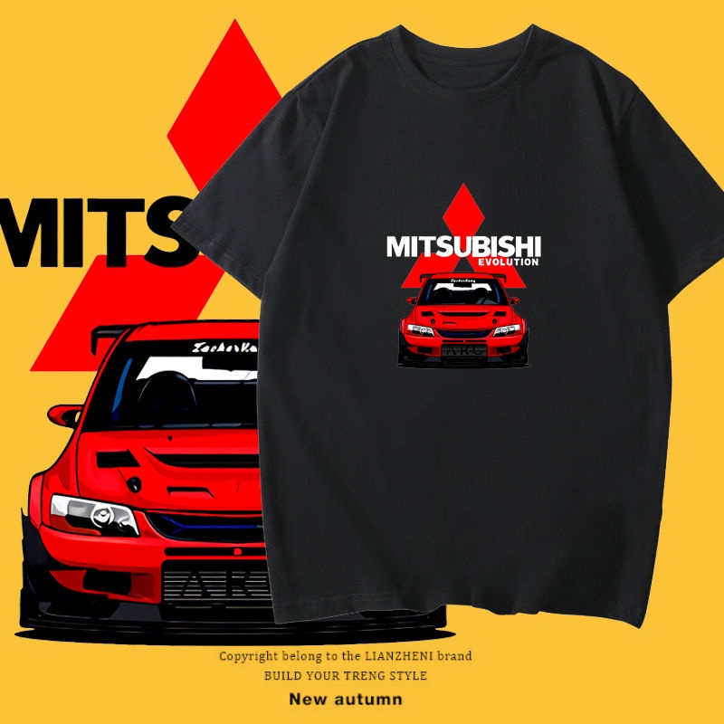 เสื้อยืดผู้ชาย ประสิทธิภาพรถแผนก Mitsubishi Evolution รอบเสื้อยืดผู้ชายแขนสั้นแบรนด์ดัดแปลงวัฒนธรรมคนรักครึ่งแขน S-5XL