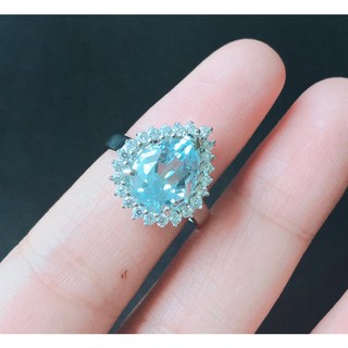 แหวนเงินแท้ 92.5 % ฝังพลอยแท้ โทพาซ (BLUE TOPAZ)ประดับด้วยเพชรรัสเซีย รุ่น 1282-BT