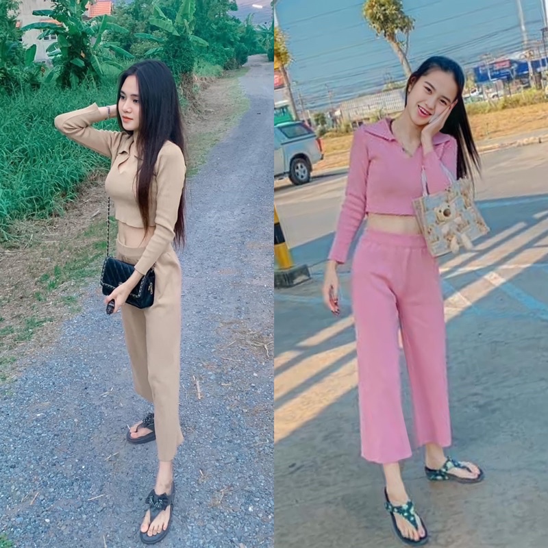 SpinnyHouse   งานเซ็ทแพ็คคู่ ชุดเซ็ท กางเกงขายาว + เสื้อแขนยาว  งานเช็ทมาแรงมากช่วงนี้  รุ่น ขนมจีน I102A